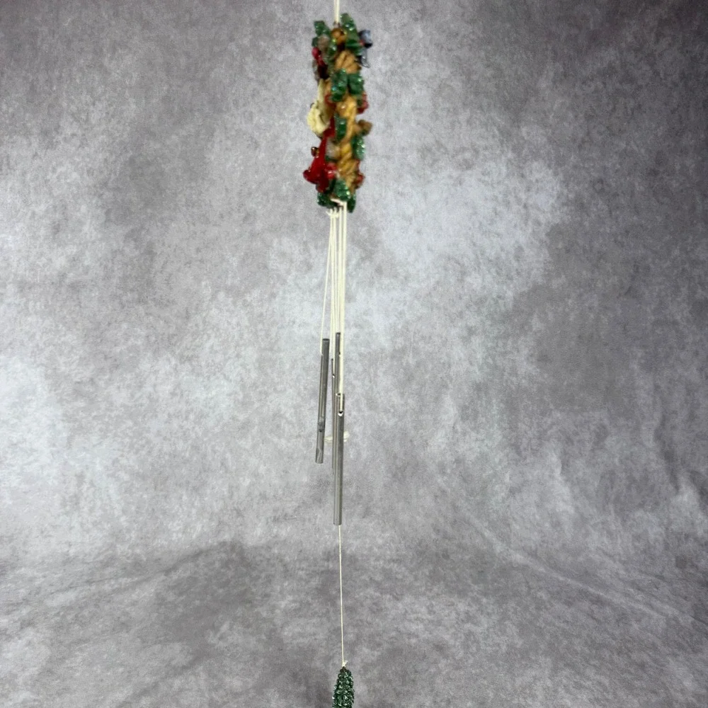 Vtg Christmas Angel Wind Chime Wreath Holly Berries Silver Metal Tubes Ornament